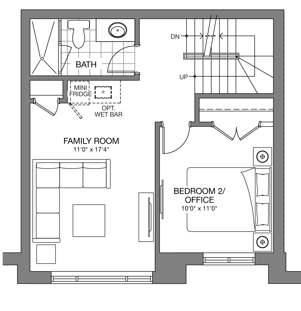 The Astoria third level family room and bedroom floorplan