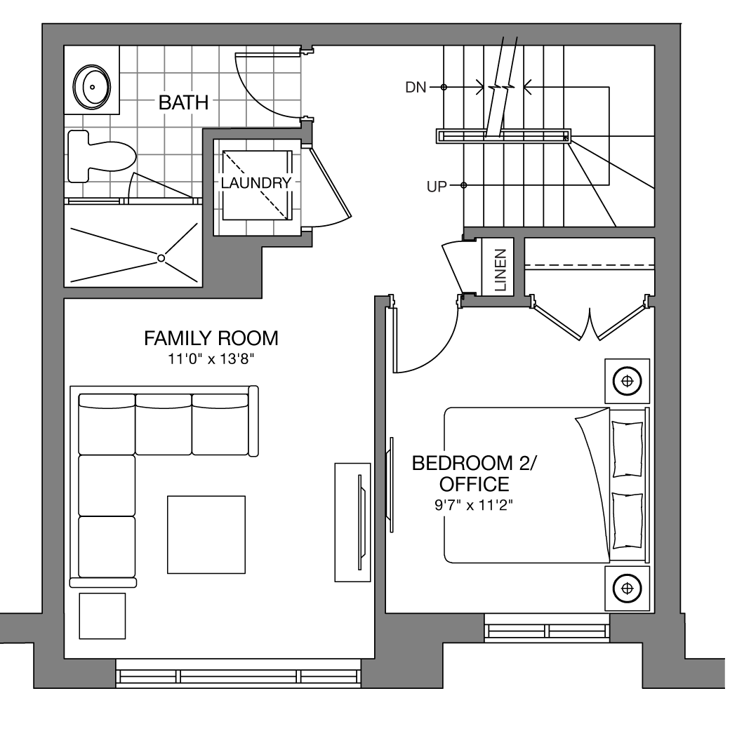 The Astoria third level family room and bedroom floorplan